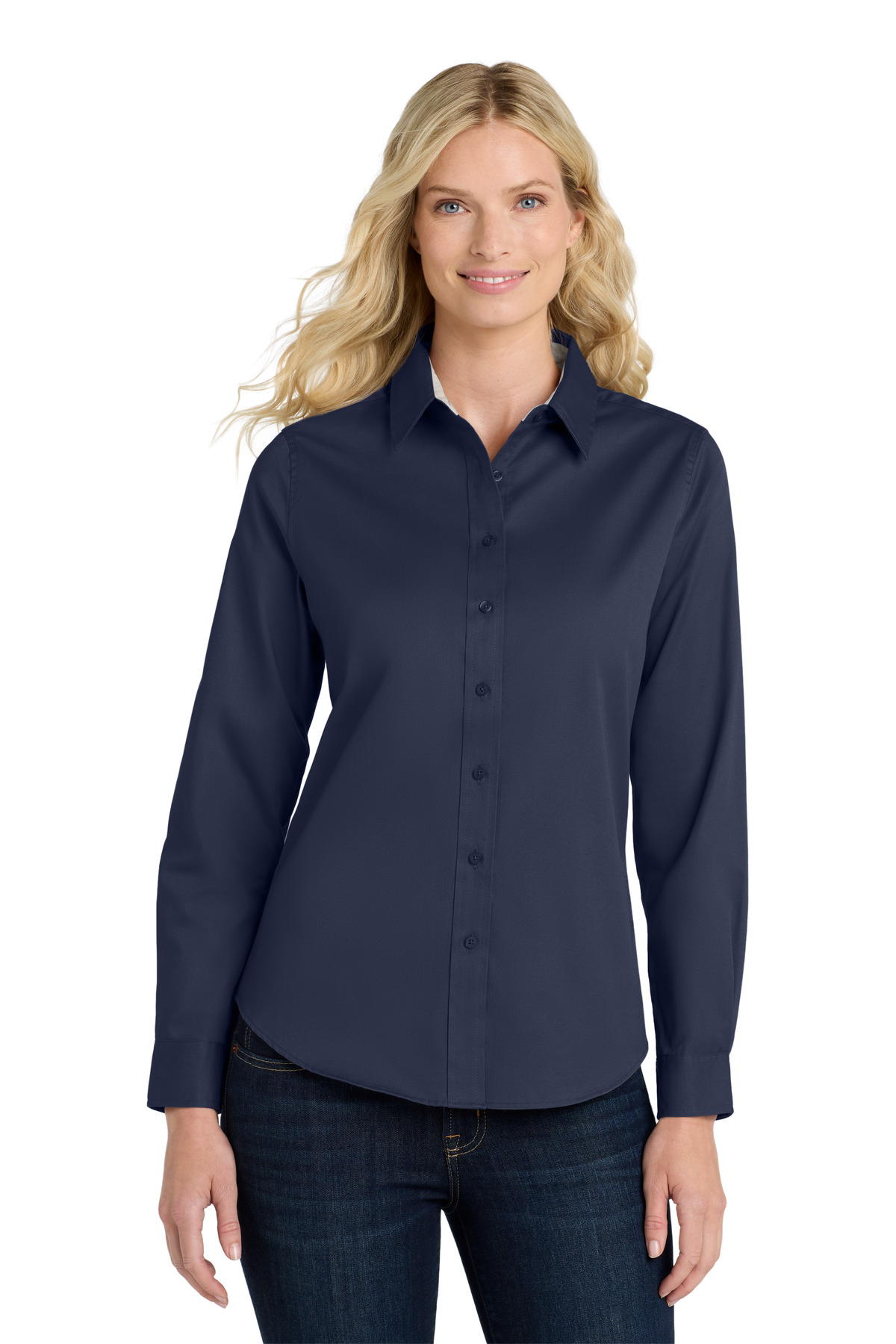 long sleeve dress shirt womens Ladies' Pinpoint Oxford Long-Sleeve Shirt with Button-Down Collar | Edwards Garment