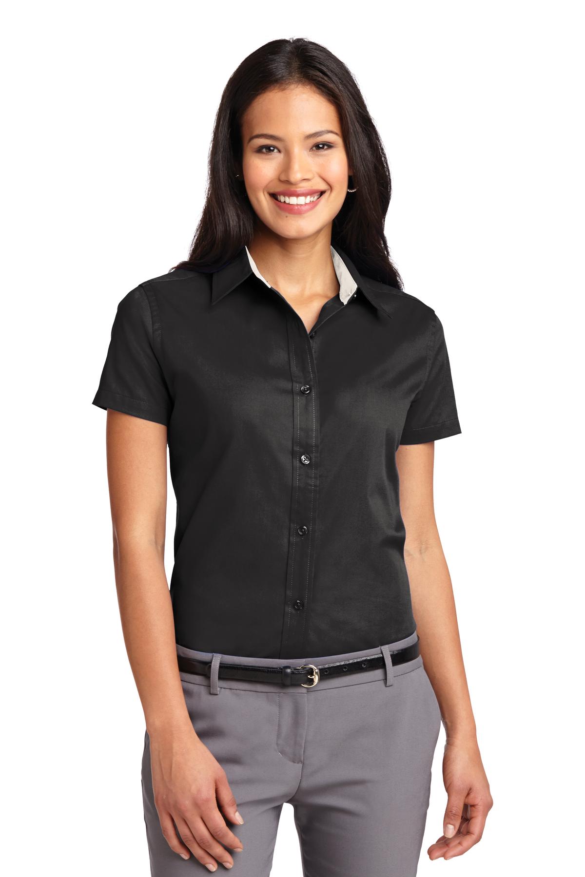 women's short sleeve black dress shirt Banana Republic Women's Silky Cotton Short-Sleeve Button-Down Top Black Size M